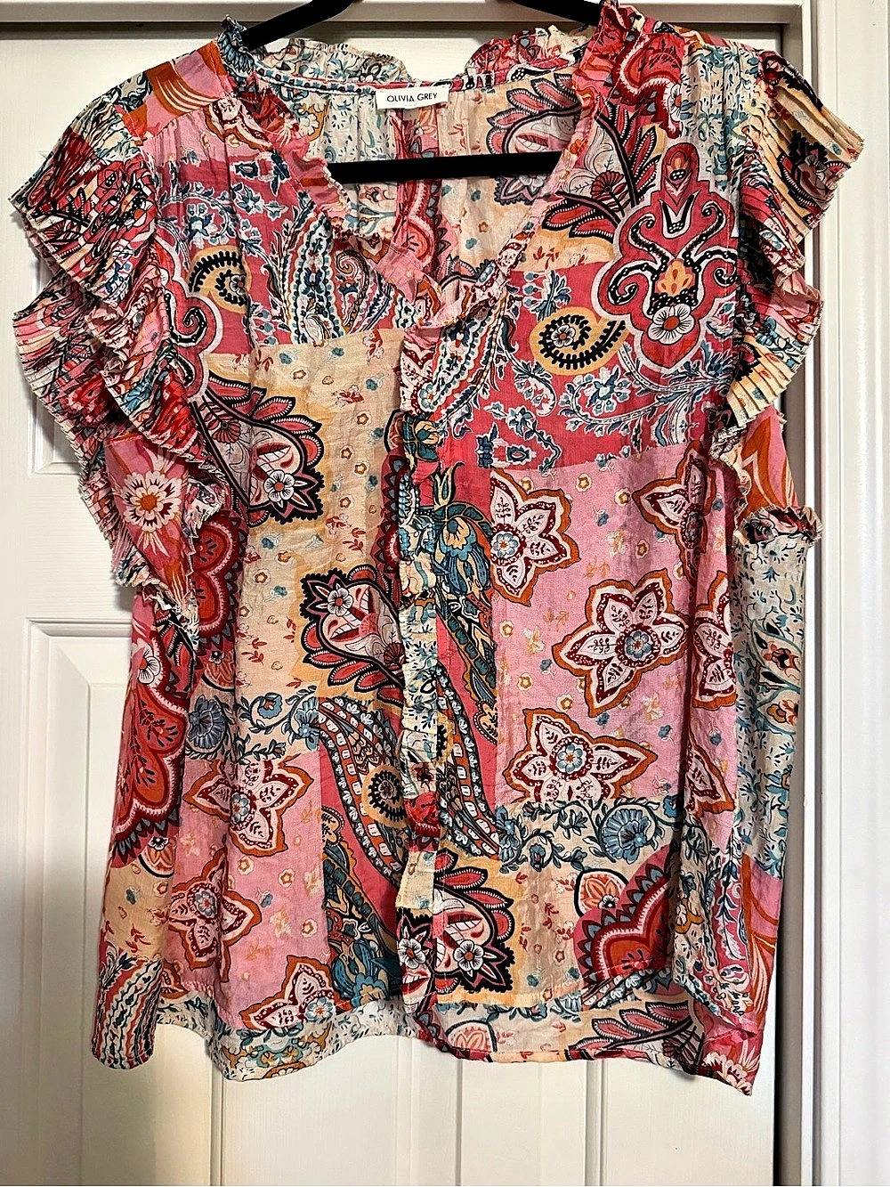 Olivia Grey Paisley Blouse in Pink & Blue Size Large